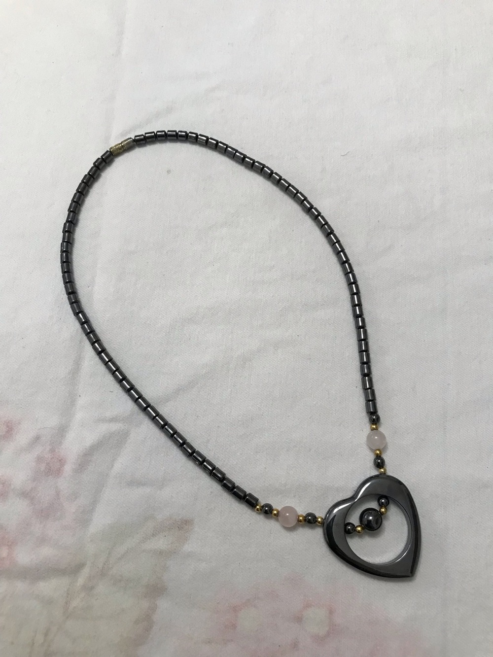 Black Hematite Beaded Heart Necklace with Gold Tone & Rose Quartz Beads 15”
